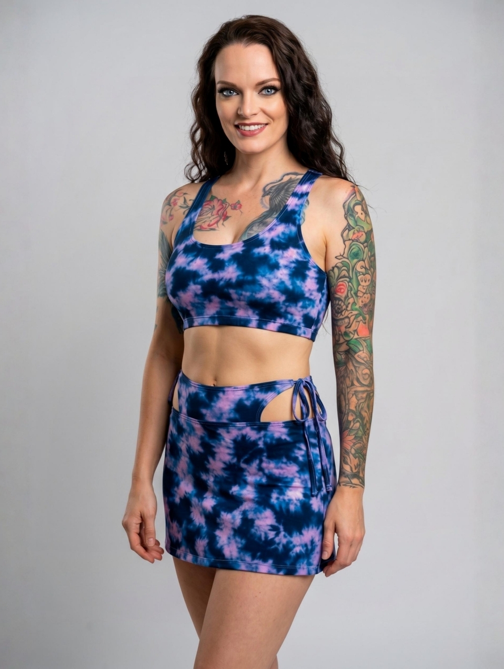 One By One ✦ Purple Black Tie Dye Crop Top Mini Skirt Set ✦ Cutout Waist M NWT